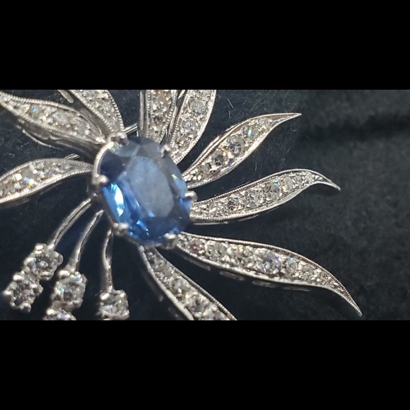 Mid century modern era custom sapphire diamond pin/necklace. 14k white gold. - Picture 6 of 6